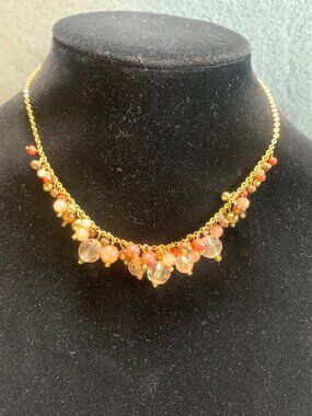 Handmade Gold-Plated Necklace Orange & Clear Beads Women 16" Adjustable Chain